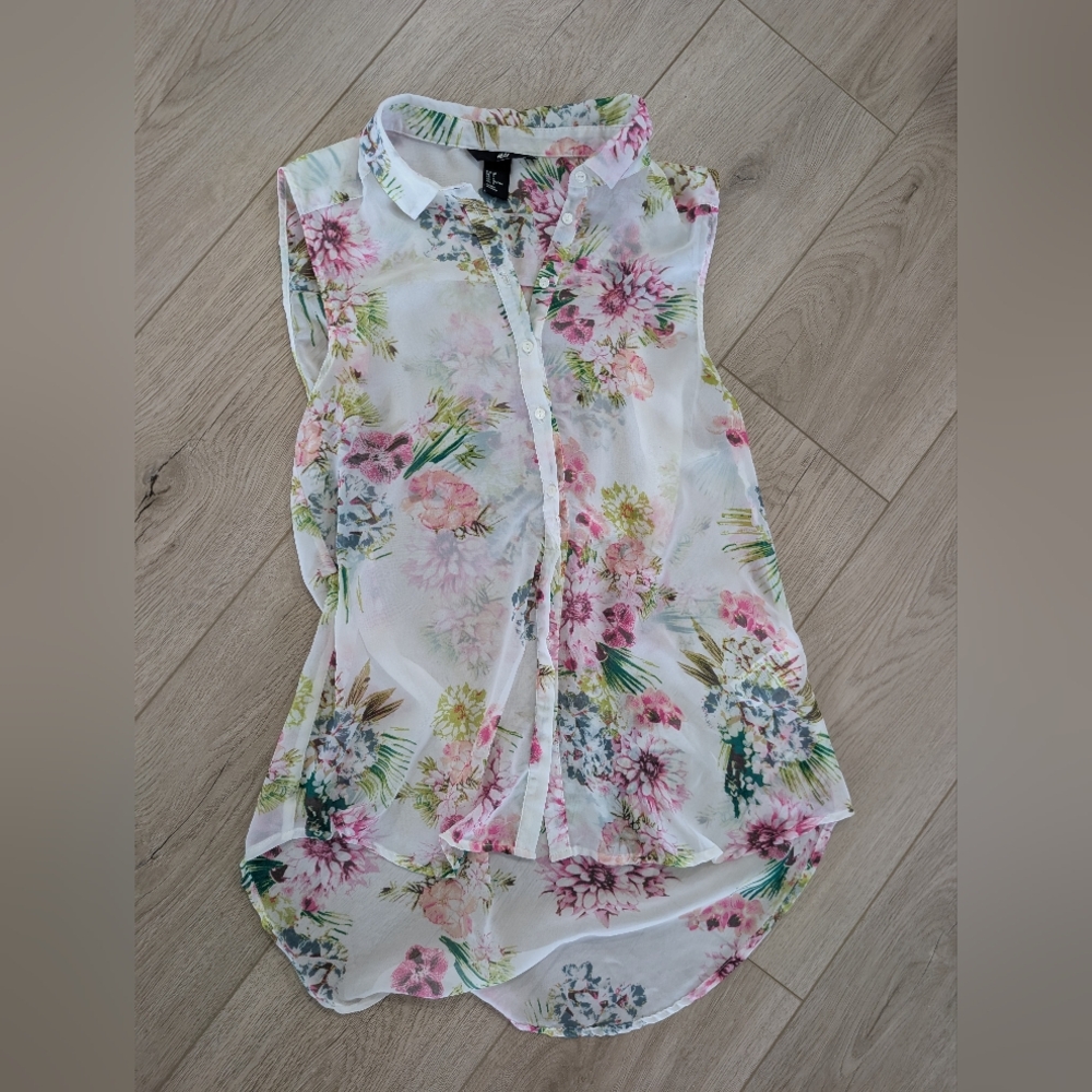 H&M White Sheer Floral Sleeveless Blouse with Pink & Green Print